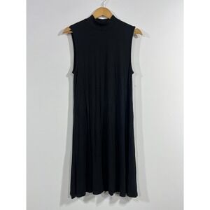 Gap Luxe 90s Minimalist Black Ribbed Mock Neck Sleeveless Swing Dress Large Chic